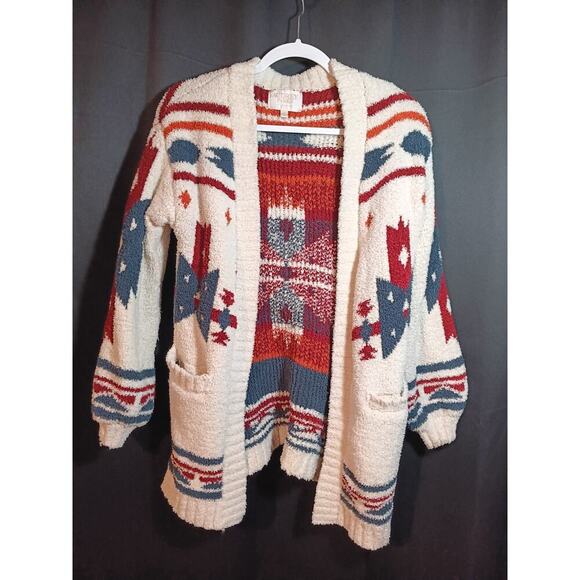 Lavle'a Sweaters - Audrey Parks by Francesca’s Aztec Ivory Blue Red Open Front Soft Cardigan Small